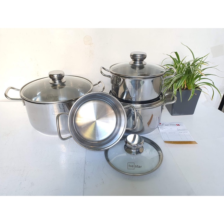 Bộ 4 Nồi Inox 430 Fivestar 3 đáy Nắp Kính đun được trên bếp điện từ