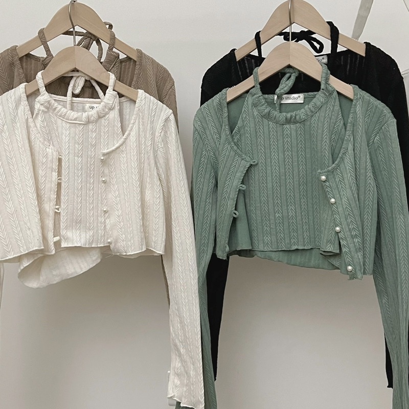 Set áo xương cá cổ yếm nút ngọc chất đẹp