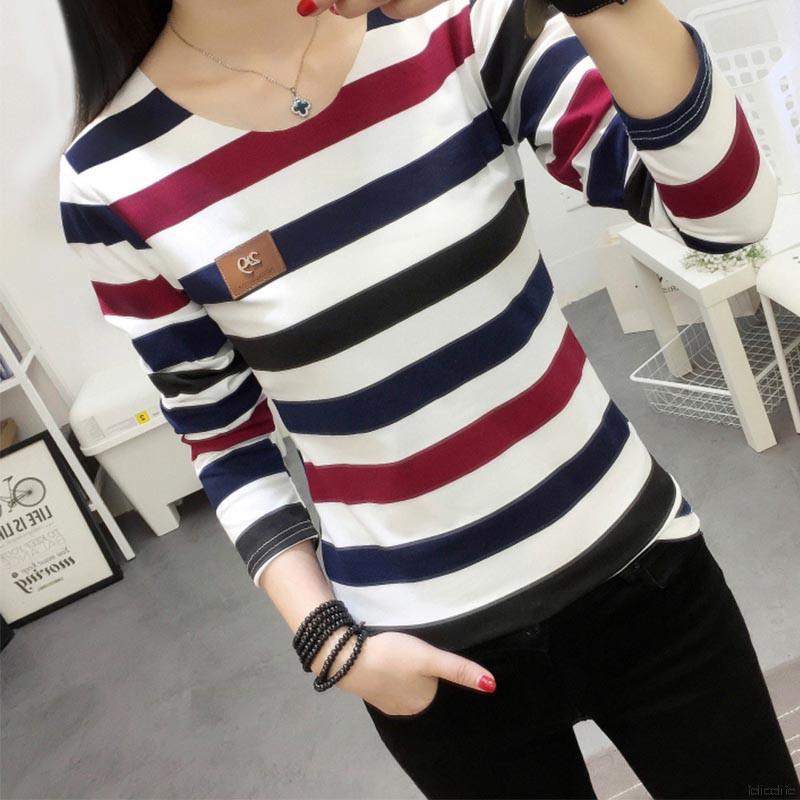 Áo nữ dài tay cổ tròn chất liệu cotton họa tiết sọc thời trang