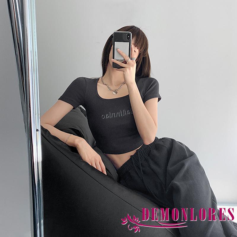Áo Croptop Dệt Kim Tay Ngắn Cổ Vuông Thêu Chữ Thời Trang Mùa Hè Cho Nữ