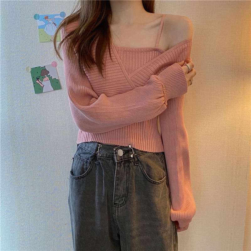 Áo sweater cổ vuông tay phồng giả hai mảnh thiết kế mới xuân thu dành cho bạn nữ 2021