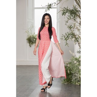 Áo Dài Chấm Bi Hồng Lụa Hàn Trẻ Trung Siêu Xinh