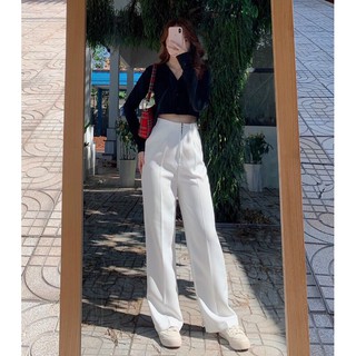Quần Culottes Tây ống suông rộng lưng cao khoá kéo kim loại trắng đen (ảnh thật)