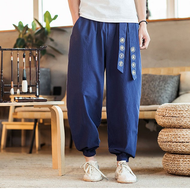 Quần Jogger Nam Kèm Đai Thêu Chữ Chất Liệu Thô Đũi