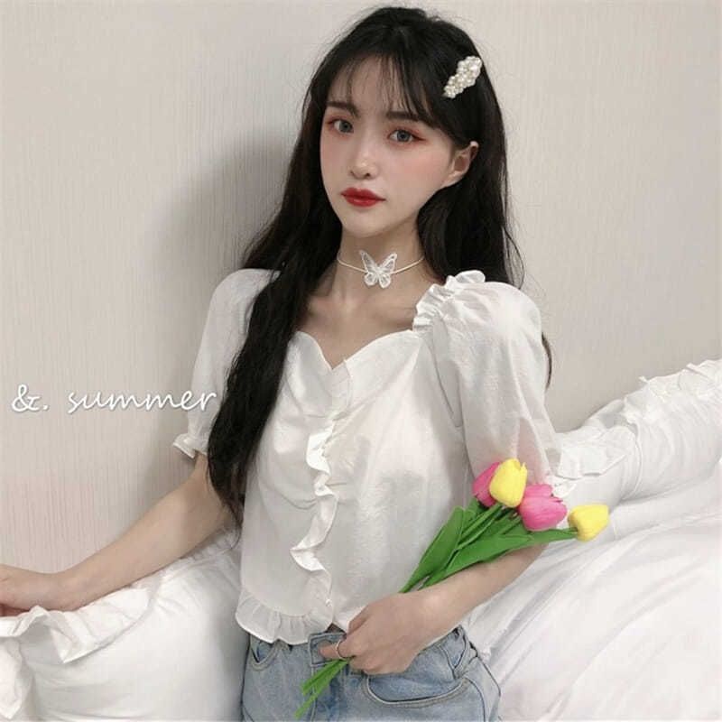 Áo Sơ Mi Trắng Tay Ngắn Cổ Vuông Lộ Xương Quai Xanh Phong Cách Hàn Quốc Đơn Giản Thời Trang Mới Cho Nữ