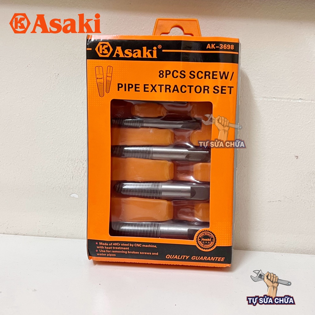 Bộ 8 mũi ren chuyên tháo bu lông, ốc vít, ống nước gãy, nhờn ren loại xịn chính hãng Asaki AK-3698