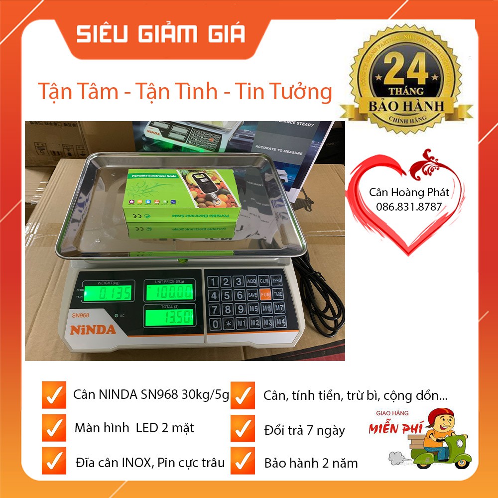 CÂN ĐIỆN TỬ TÍNH TIỀN NINDA SN968 NHẬT BẢN 30Kg/5gam. Màn hình hiển thị 2 mặt