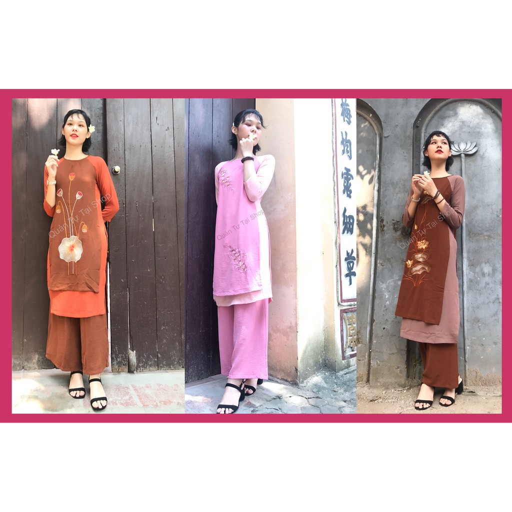 Áo dài đi chùa cách tân, hai lớp đũi mềm Cao Cấp  thêu  hoa mới, quần áo đi chùa,áo dài