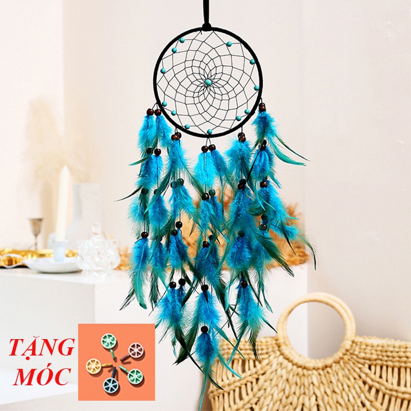 Dreamcatcher Đính Lông Vũ Có Đèn Led Trang Trí Phòng Ngủ Phòng Khách Tặng Kèm Móc Dán Tường