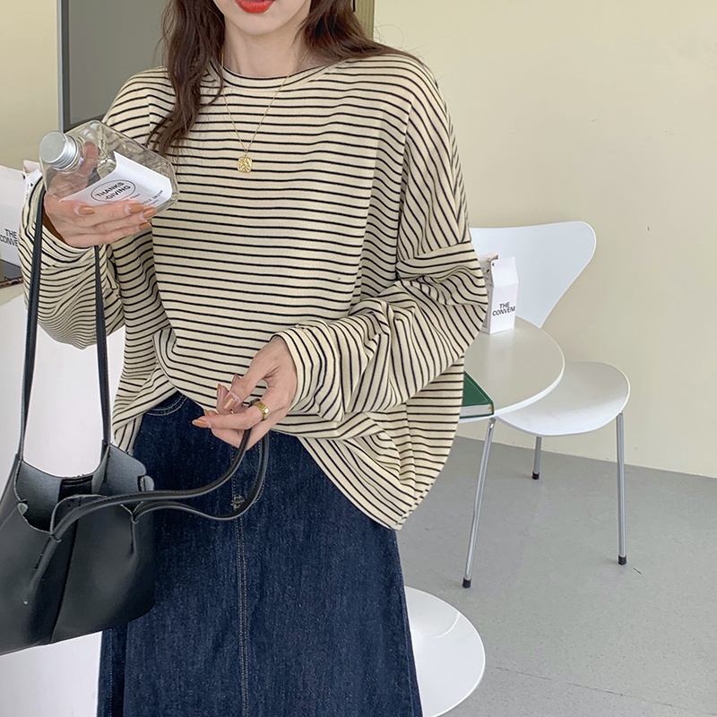 Áo thun XIAOZHAINV tay dài cổ tròn họa tiết kẻ sọc phong cách Hàn Quốc cho nữ