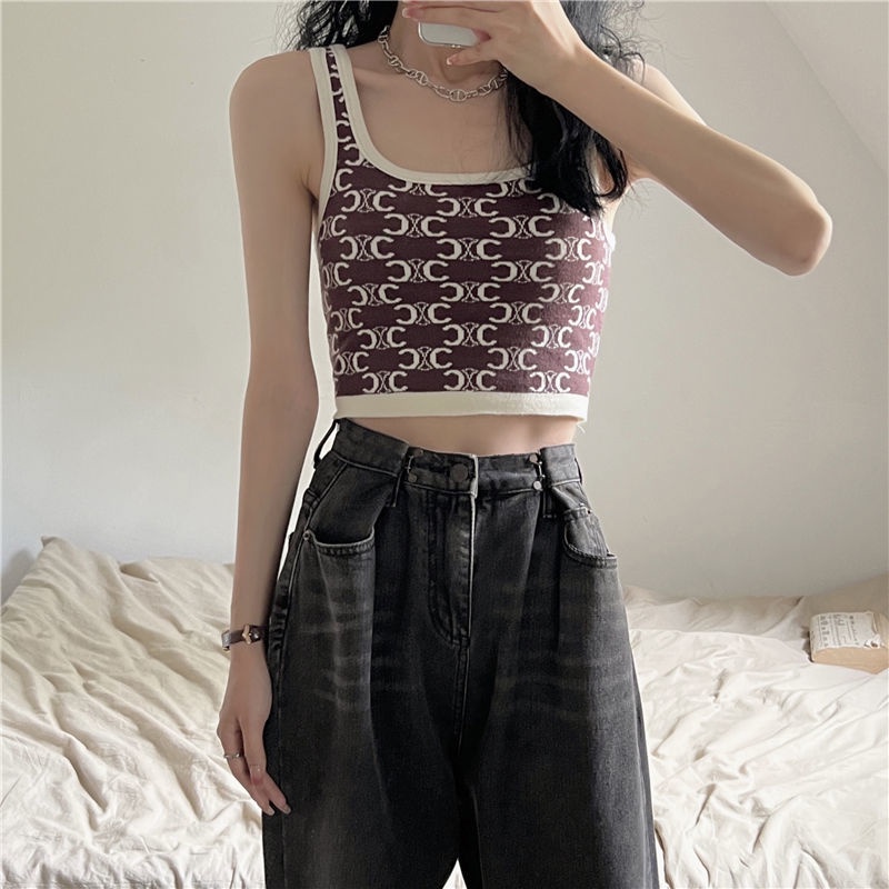 Áo Dệt Kim Hai Dây Dáng Ngắn Phong Cách Thời Trang Hàn Quốc