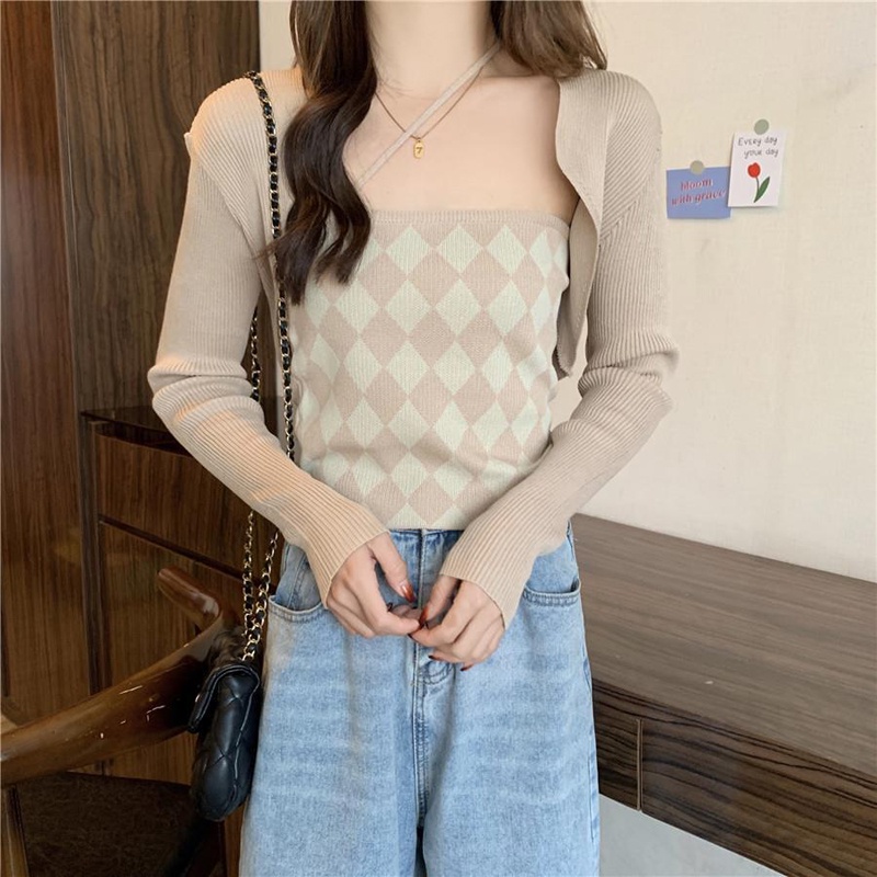 IELGY  Set Áo Hai Dây + Áo Choàng Ngắn Kẻ Caro Riêng Biệt Cho Nữ [Order]