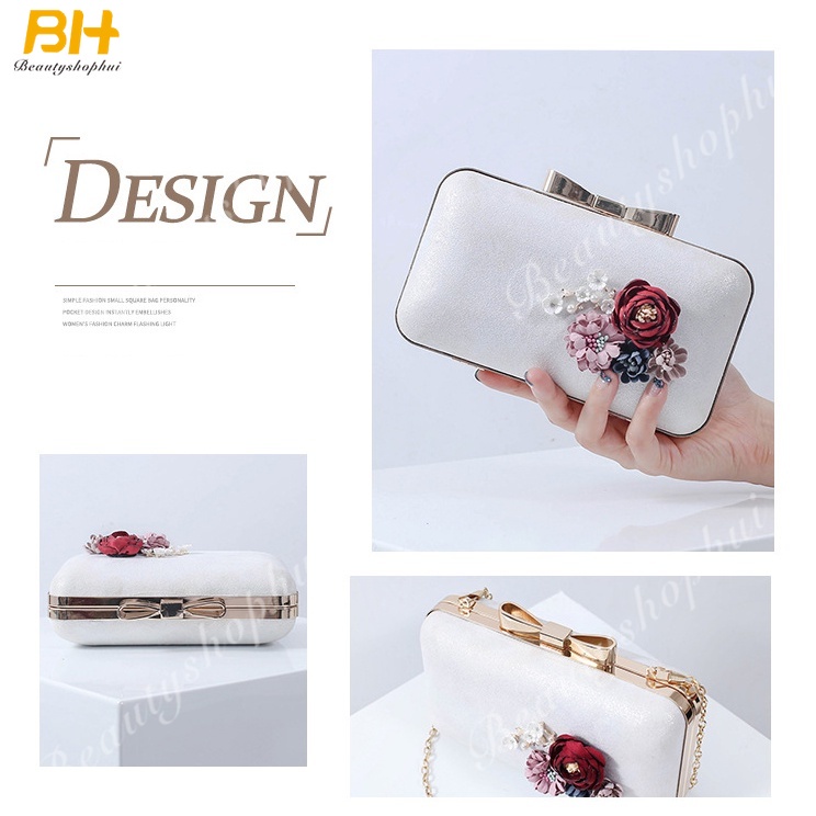 Ví Cầm Tay Dáng Vuông Nhỏ Đính Hoa Thủ Công Dễ Thương Cho Nữ