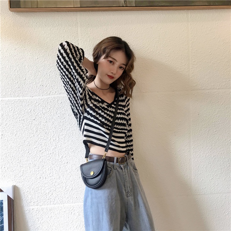 【ZHELIHANGFEI】Áo Sweater Dệt Kim Tay Dài Cổ Chữ v Ngắn Kẻ Sọc Có Hương Thơm Phong Cách Mới Cho Nữ