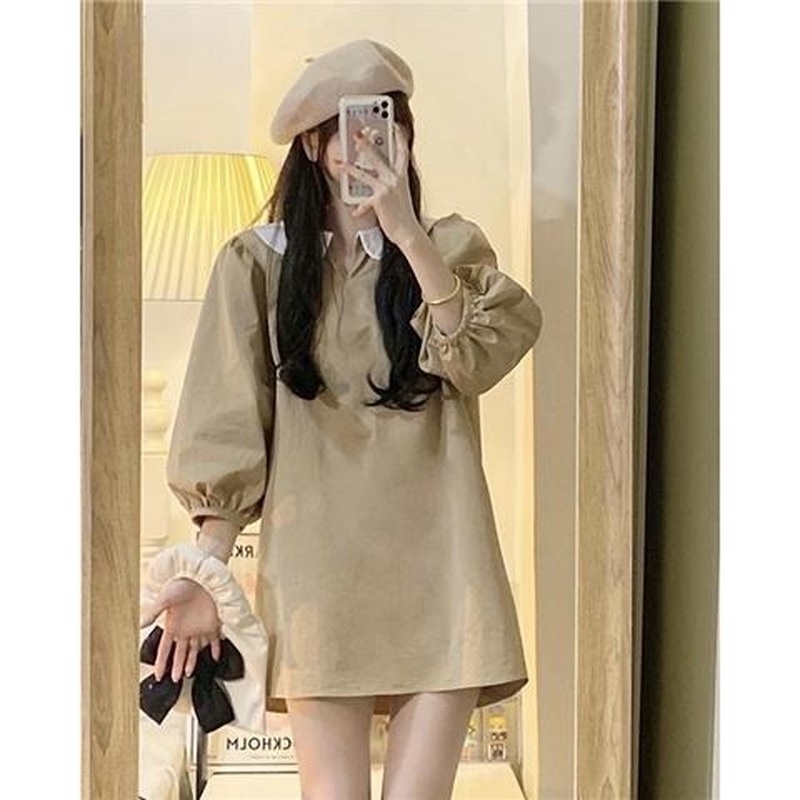 Đầm kaki dáng rộng cổ búp bê phong cách Retro Pháp