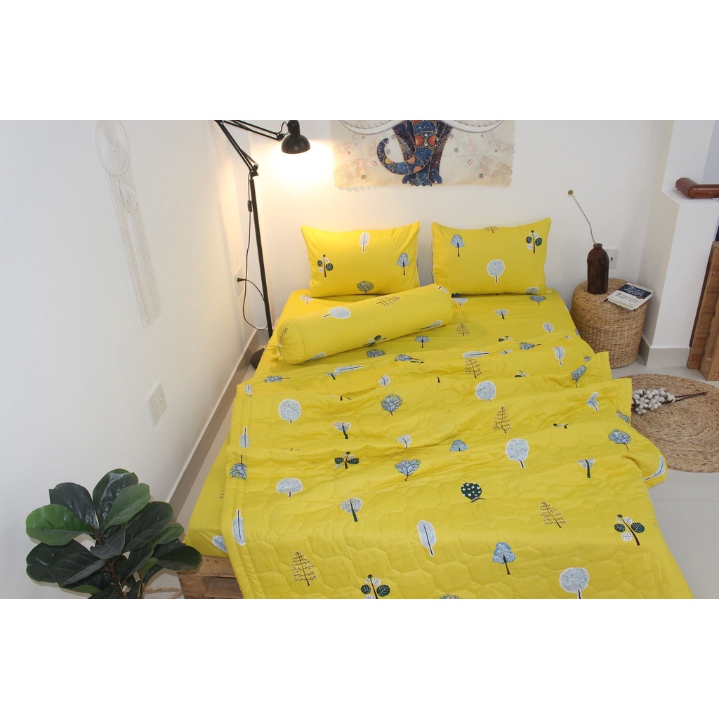 Bộ drap gối 4 món 100% cotton thiên nhiên Kha Ly có in logo trên nền vải- Mẫu Tree Vàng - Hot Trend