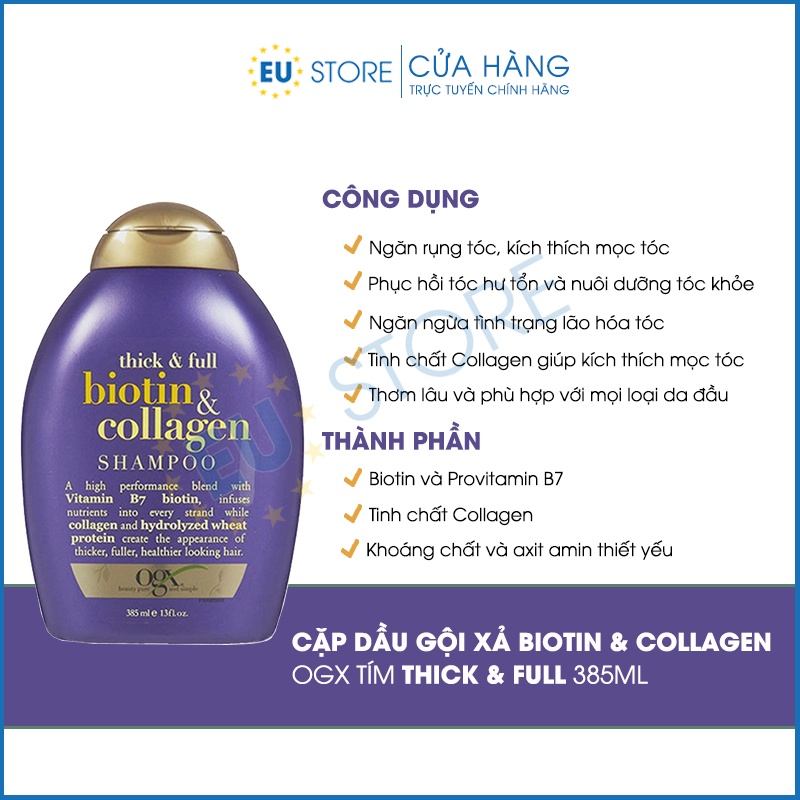 Dầu gội xả Biotin Collagen tím 385ml OGX + Viên uống Biotin Natrol 10000mcg giảm rụng tóc, giúp mọc tóc