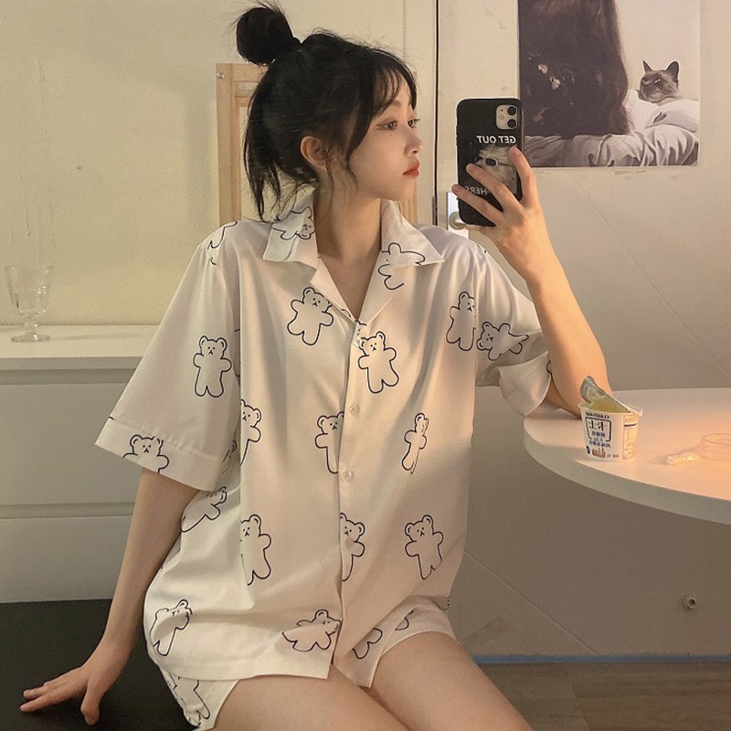Bộ đồ ngủ ngắn tay in họa tiết phong cách hàn quốc thời trang mùa hè cho nữ