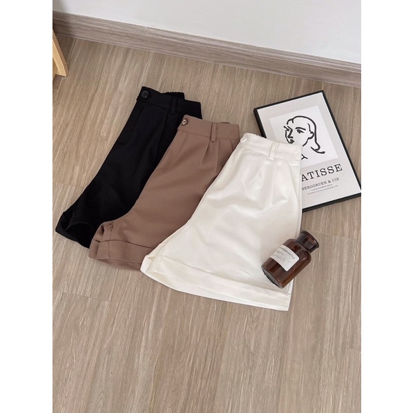 [Ảnh thật/Video]Quần sooc vải hai cúc ngang chun sau thiết kế gập gấu Hàn Quốc