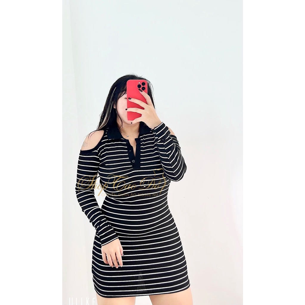 (TÁO ĐỎ BIGSIZE 55-90KG) Đầm Sọc Khoét Vai Ôm Body Sexy Sang Chảnh D25 ( ảnh thật shop chụp 100%) 🍎🍎🍎 | BigBuy360 - bigbuy360.vn