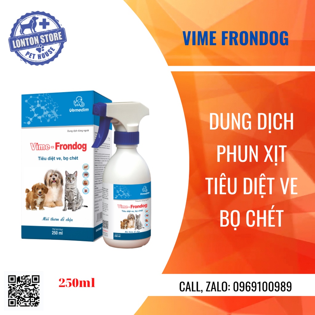 VEMEDIM Vime Frondog - Phun Xịt Tiêu Diệt Ve, Bọ Chét Cho Chó, Mèo, Trâu, Bò, Dê, Cừu  250ml - Lonton Store