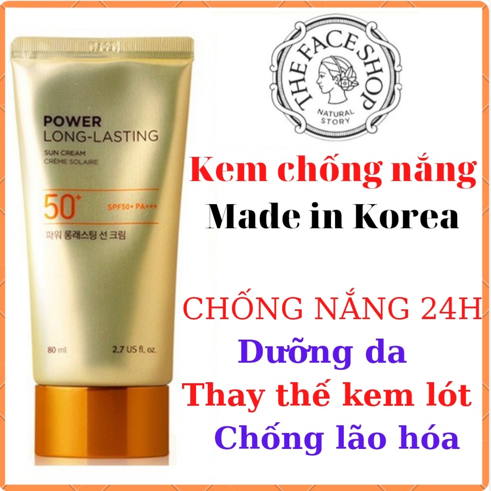 Kem Chống Nắng The Face Shop Vàng 50ml 80ml Lâu Trôi Korea NATURAL SUN ECO POWER LONG-LASTING SUN CREAM SPF50+ PA+++