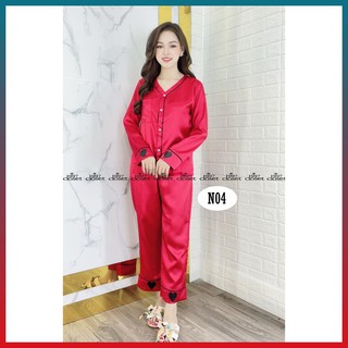Set đồ ngủ tiểu thư tay dài in trái tim hàng đẹp chất lụa satin cao cấp N04 - 1997Closet