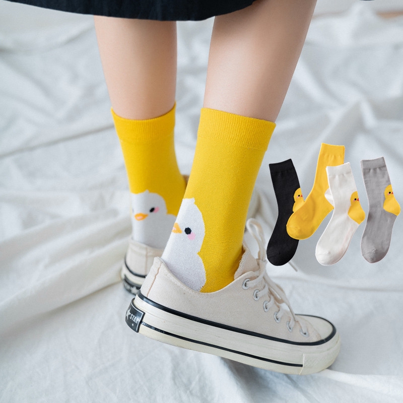 Tất Cotton In Hình Chú Vịt Màu Vàng Vui Nhộn Thời Trang Cho Phụ Nữ