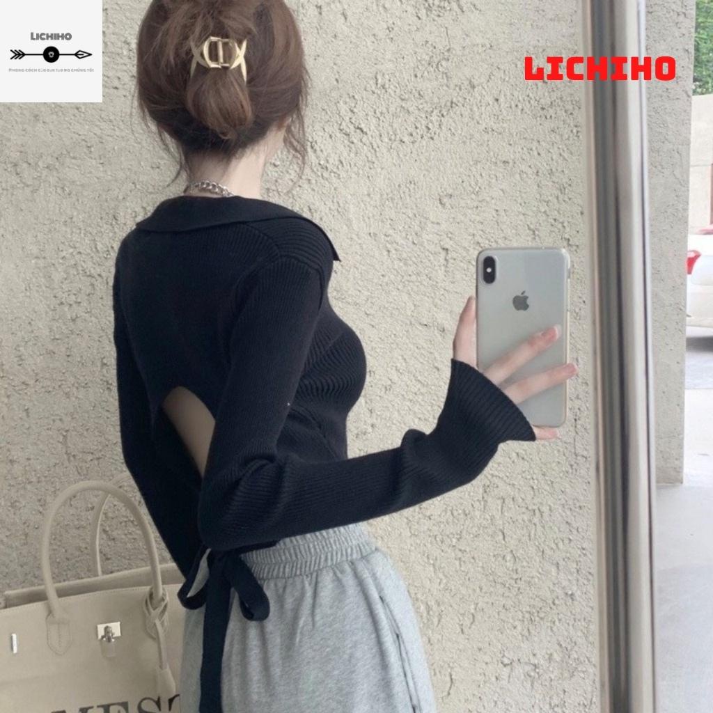 Áo croptop nữ cổ tim nơ lưng tay dài CT11 LICHIHO áo thun nữ quyến rủ | BigBuy360 - bigbuy360.vn