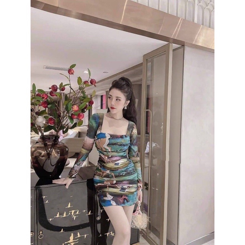 Đầm ôm body tay dài Họa Tiết In 3D, váy body cổ vuông tay dài, đầm nữ xanh - lTM3