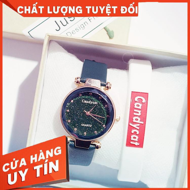 Đồng hồ nữ Candycat9 dây da cao cấp mặt tròn bầu trời đầy sao