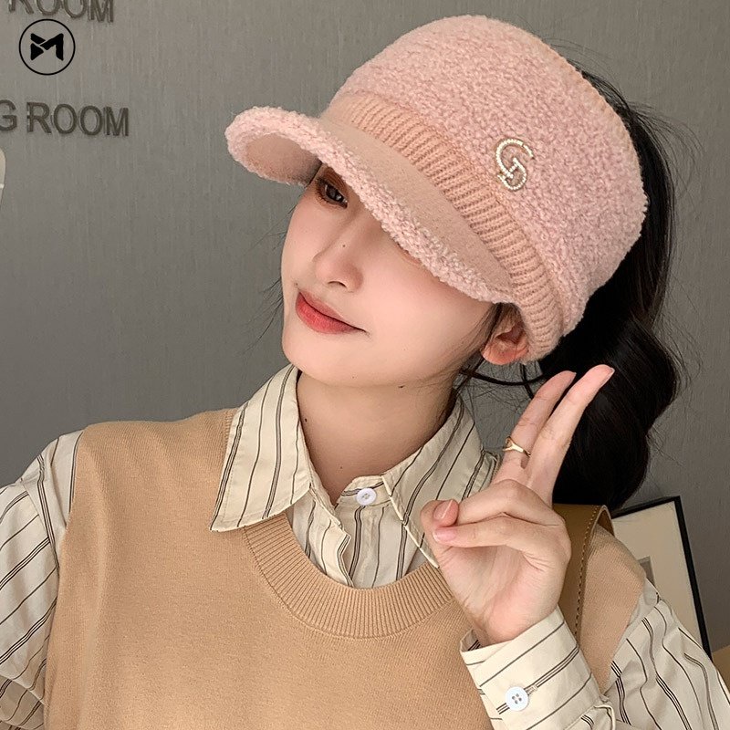 Mũ Lưỡi Trai Dệt Kim Phối Lông Thỏ Co Giãn Giữ Ấm Phong Cách Hàn Quốc Thời Trang Cho Nữ