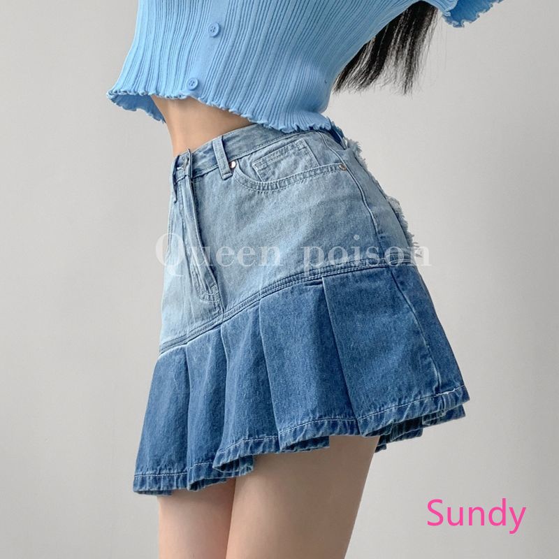 Chân Váy Jean Chữ A Lưng Cao Xếp Ly Màu Gradient Thời Trang Mùa Hè Cho Nữ