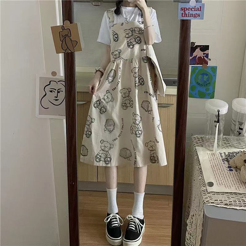 Đầm hai dây họa tiết chú gấu phong cách Hàn Quốc cho nữ