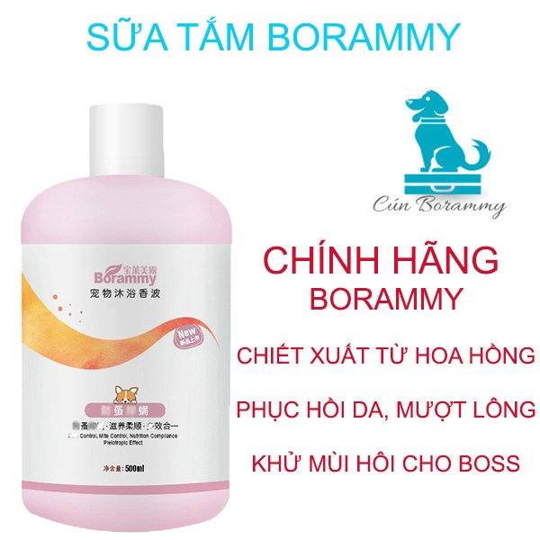 Sữa tắm BORAMMY khử mùi hôi, viêm da, rận nấm cho chó mèo thú cưng, dưỡng chất hoa hồng nuôi dưỡng lông (Pet Luckily)