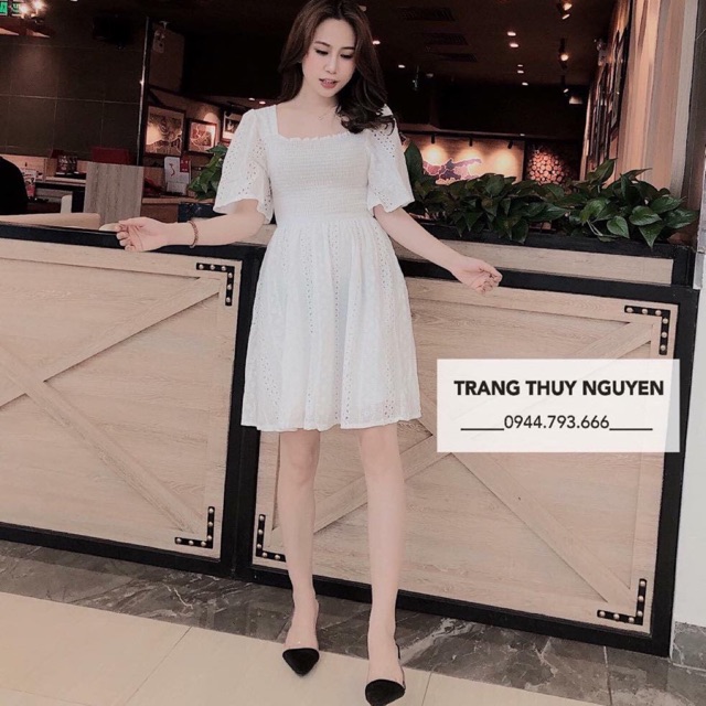Váy Ren Lỗ Xoè Cổ Vuông , Đầm Thô Ren Lỗ Siêu XInh