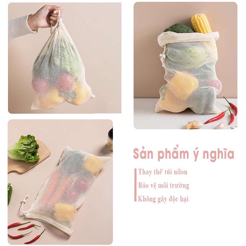 Túi lưới đựng rau - củ - quả có dây rút chất lượng cao thay thế túi nilon, túi giấy BeeJoo