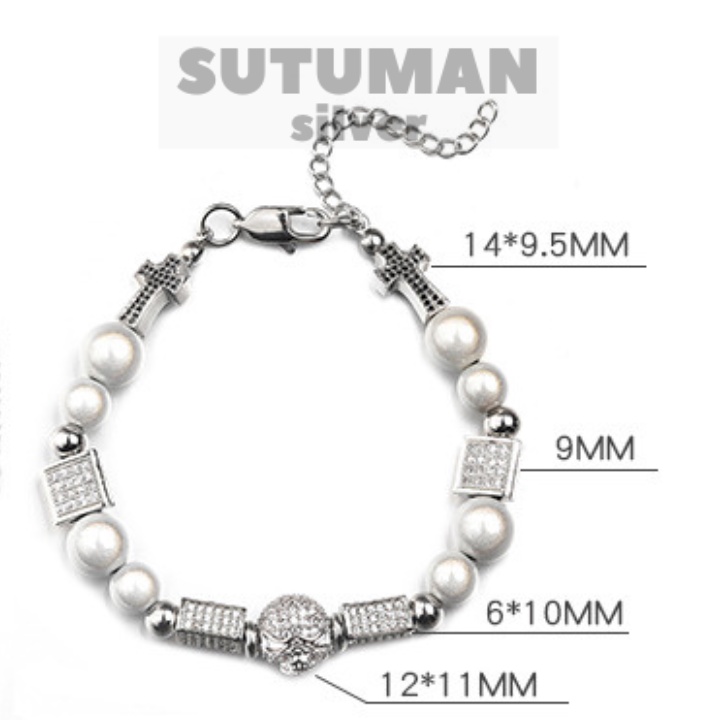 [HỎA TỐC] Vòng cổ và lắc tay nam thép titan có hạt ngọc Tide Skull Dice Hip Hop không gỉ không bay màu SUTUMAN silver
