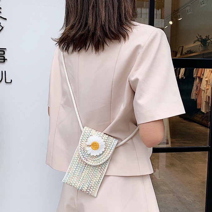 Túi Đeo Chéo Vai Bằng Cotton Dệt Kim Họa Tiết Hoa Cúc Nhỏ Phong Cách Vintage Thời Trang Cho Nữ