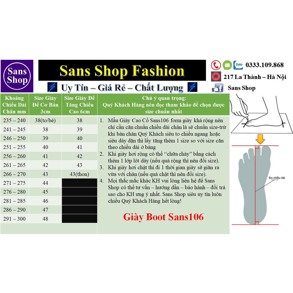 Giày nam cao cổ nhăn khóa kéo Sans106 da bò thật bigsize lớn 48 47 46 45 44 43 giầy boot tăng chiều cao bốt độn đế 6cm