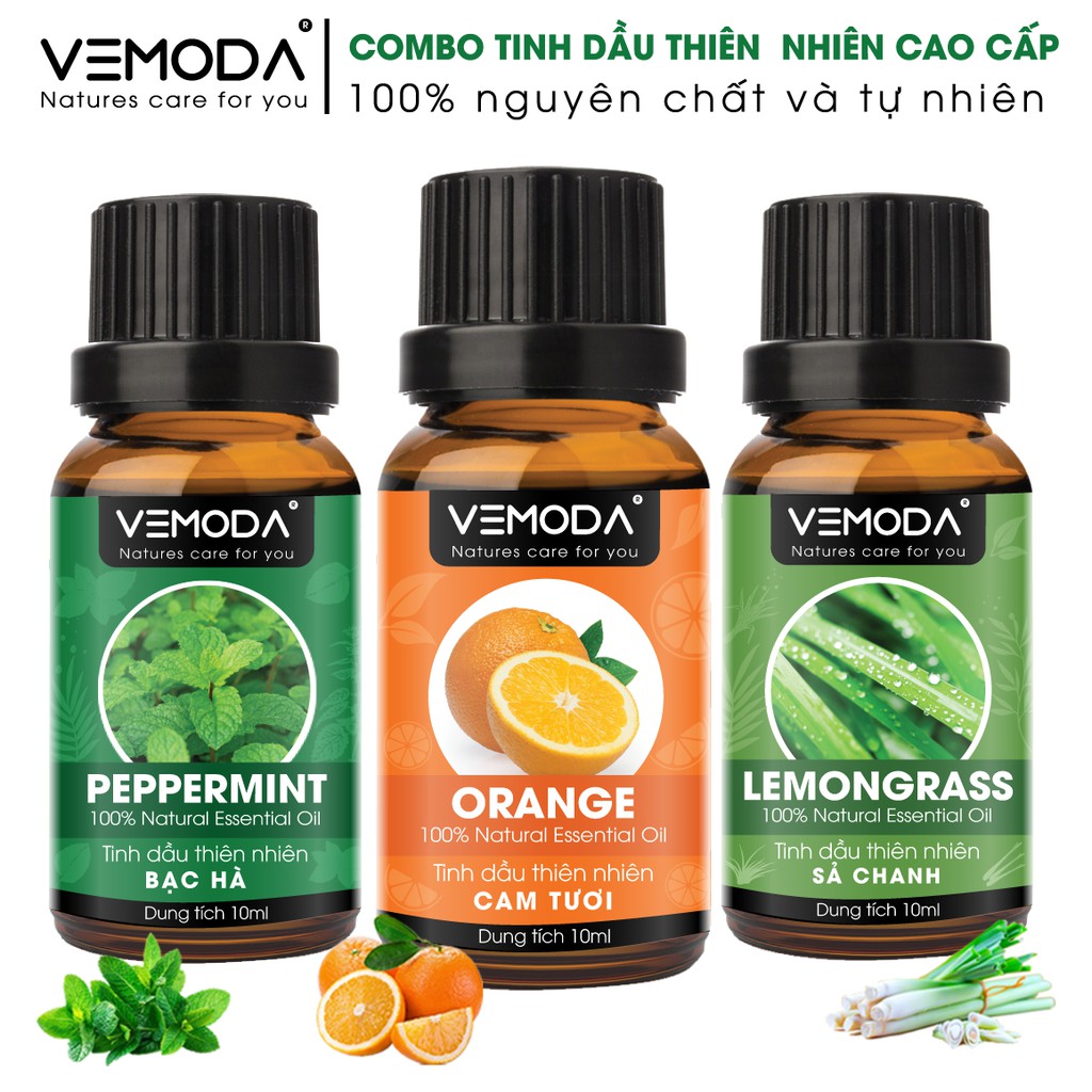 [Mã BMBAU50 giảm 7% đơn 99K] Combo tinh dầu xông phòng cao cấp Vemoda gồm: Bạc hà + Cam tươi + Sả chanh 10ML