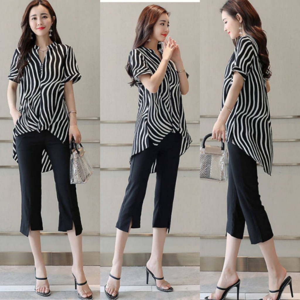 S SET BỘ ÁO SỌC KIỂU CỔ V CÁCH ĐIỆU QUẦN LỬNG SANG TRỌNG CÓ SIZE LỚN XXXL FREE