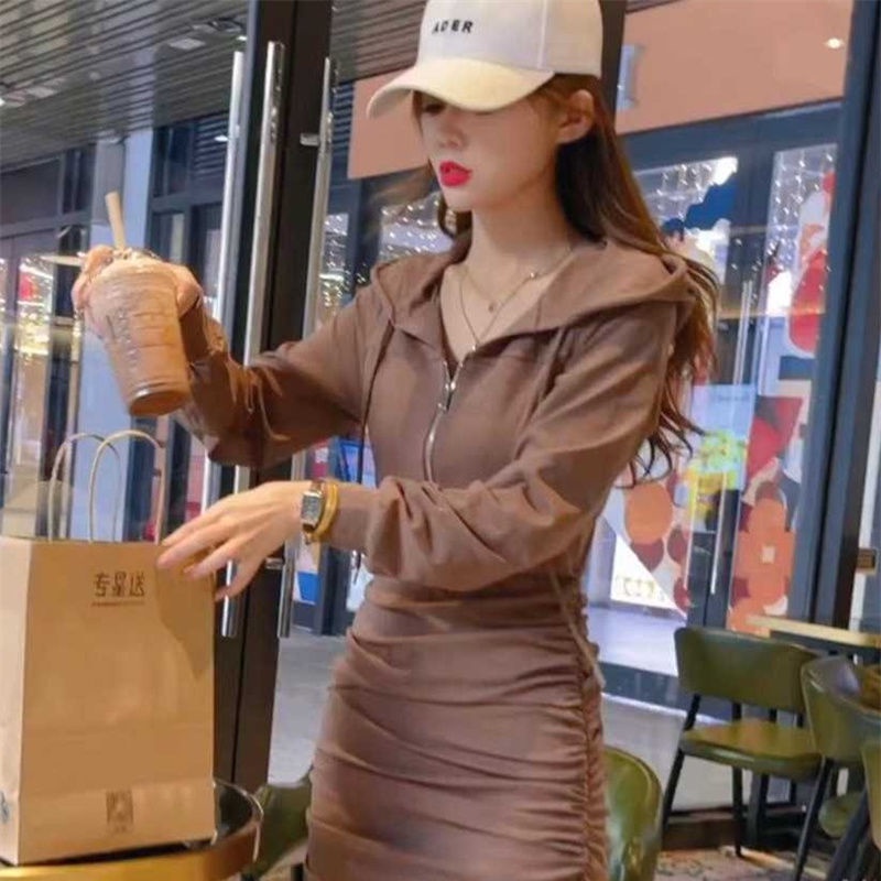 COZOK Đầm hoodie tay dài dáng ôm thời trang Hàn Quốc cho nữ