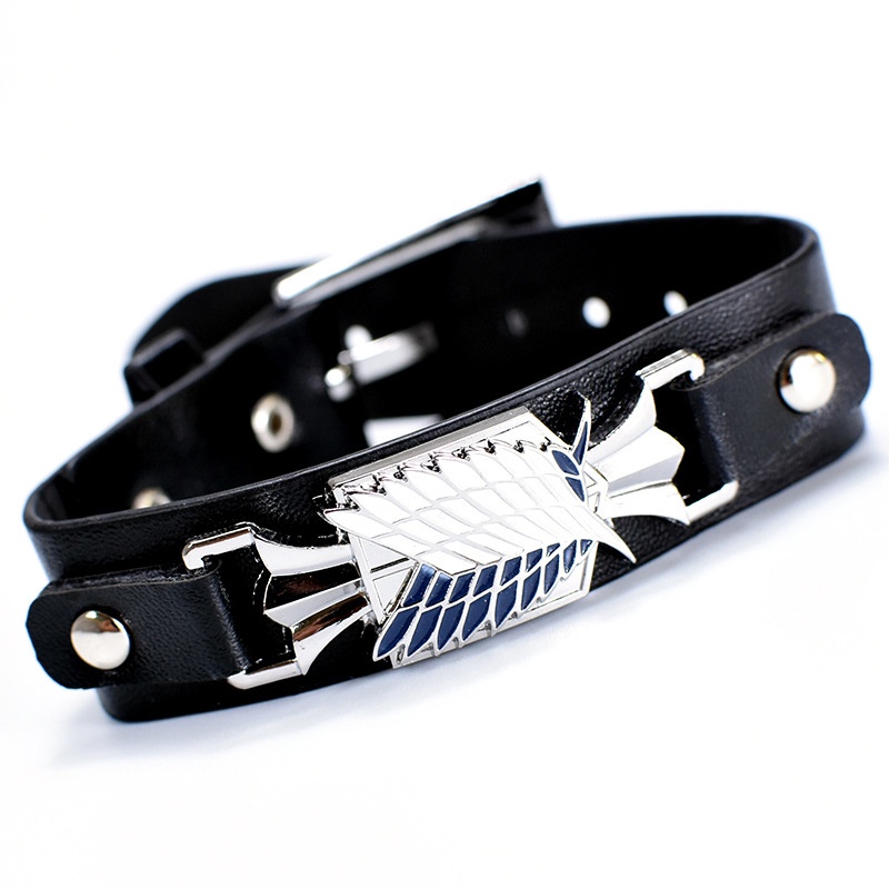1 vòng tay da gắn nhẫn khắc hình Konoha phong cách Punk Nhật Bản