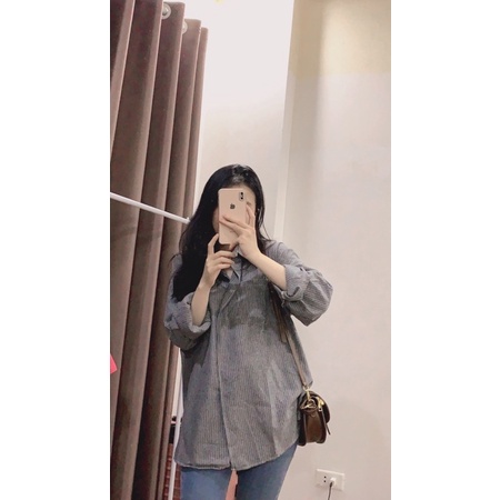 Áo sơ mi kẻ nữ vạt chéo tay dài from rộng - ảnh thật