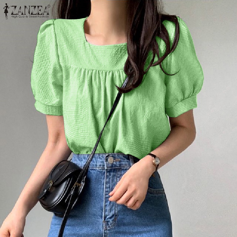 Áo kiểu ZANZEA tay phồng cổ vuông in họa tiết caro phong cách Hàn Quốc thời trang cho nữ