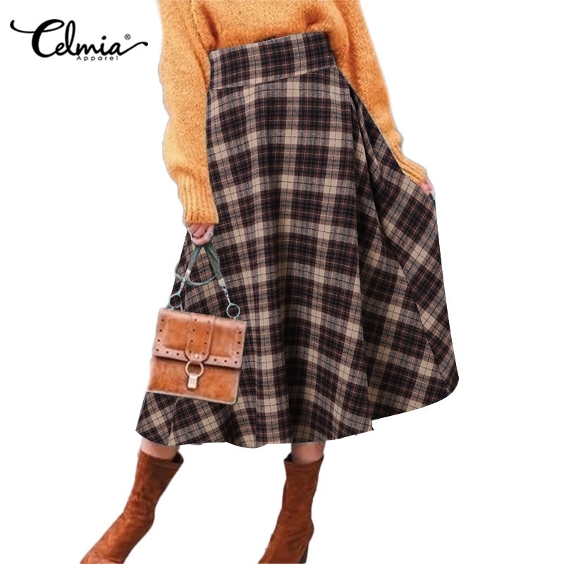 Chân váy maxi CELMIA chữ A lưng cao co giãn in sọc caro thanh lịch cho nữ