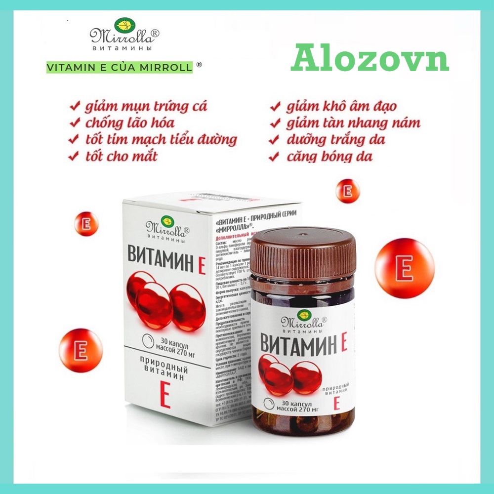 Vitamin E đỏ Nga Mirrola 270mg hộp 30 viên hỗ trợ đẹp da, giảm thâm nám