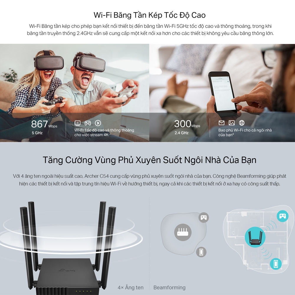 Bộ Phát Router Wi-Fi TP-Link Archer C54 Băng Tần Kép Chuẩn AC 1200Mbps