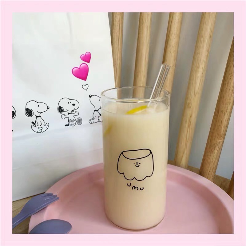 🌼🌼Cốc thủy tinh dáng cao họa tiết hoạt hình kawaii "umu" siêu đáng yêu kèm ống hút